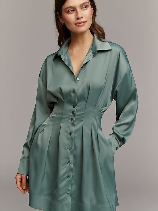 Exquise Dresses & Skirts - Anthropologie The Tobie Long Sleeve Satin Mini Shirt Dress by Exquise in sage